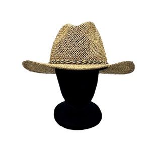 Lucky Brand 100% Straw Cowboy Hat Adjustable With Beige & Black Straw Ti…